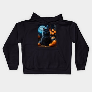 Sleek witch cat on Halloween night Kids Hoodie